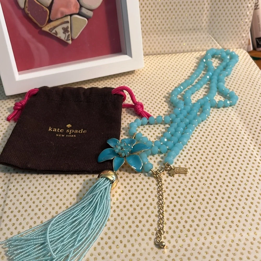Kate Spade🩵Torquise Enamel Lily/Tassle Necklace with Pouch